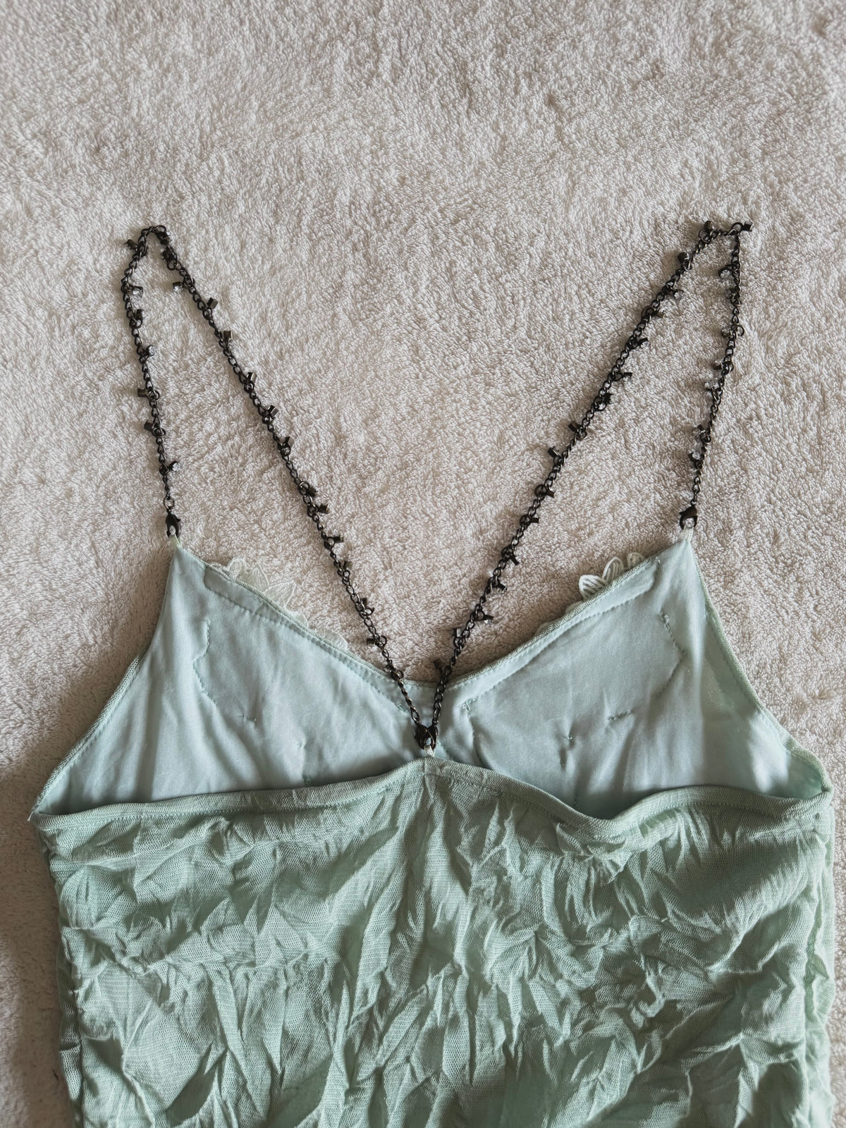 y2k vintage pale sage green mesh fitted cami top with lace trim and beaded chain straps