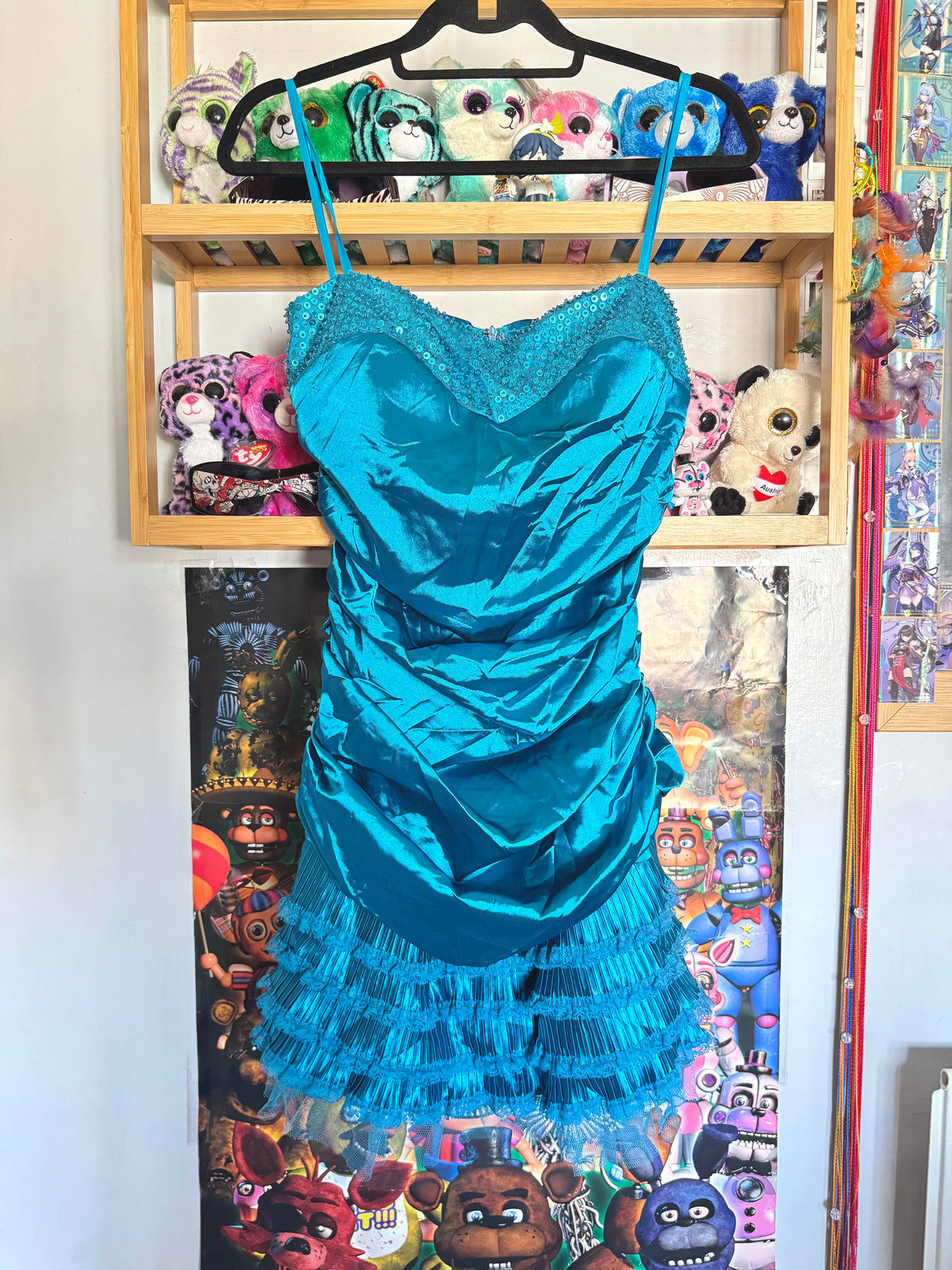 y2k vintage bnwt deadstock satin blue ruched strapless mini dress
