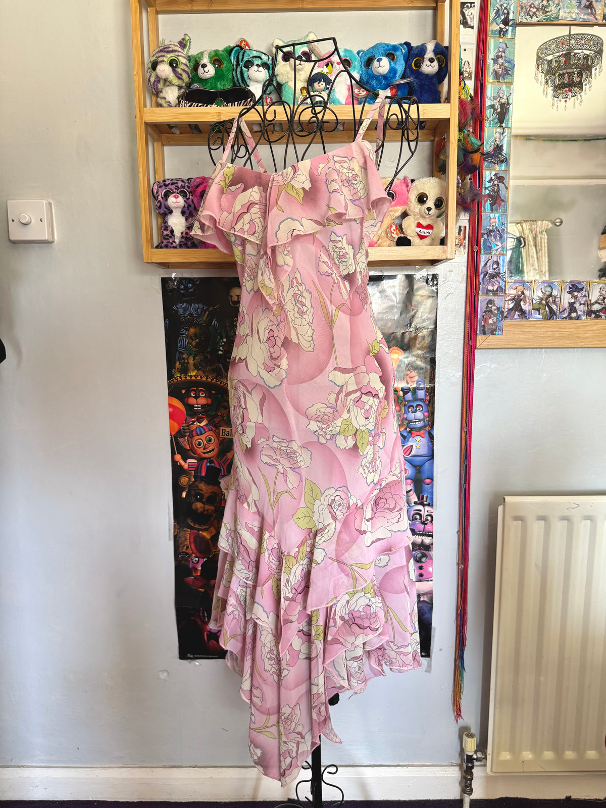 y2k vintage pink floral ruffled asymmetrical hem midi dress