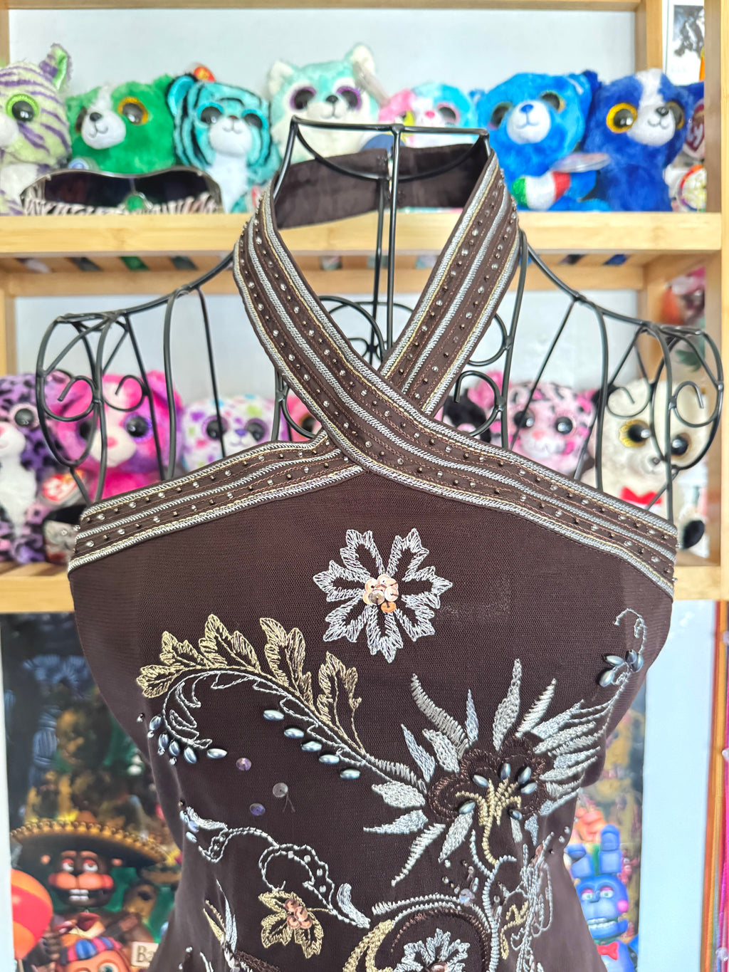 y2k vintage chocolate brown floral embroidered sequin halterneck fitted top fairycore