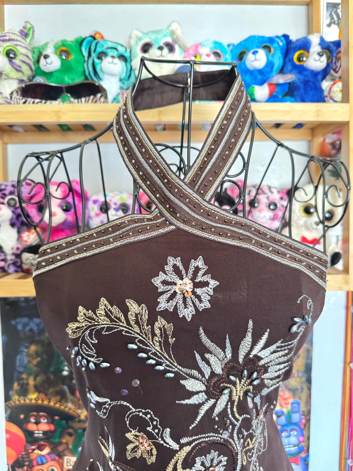 y2k vintage chocolate brown floral embroidered sequin halterneck fitted top fairycore