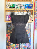 y2k vintage black mesh fitted cami top with ruffle hem and ruched milkmaid bust gothic