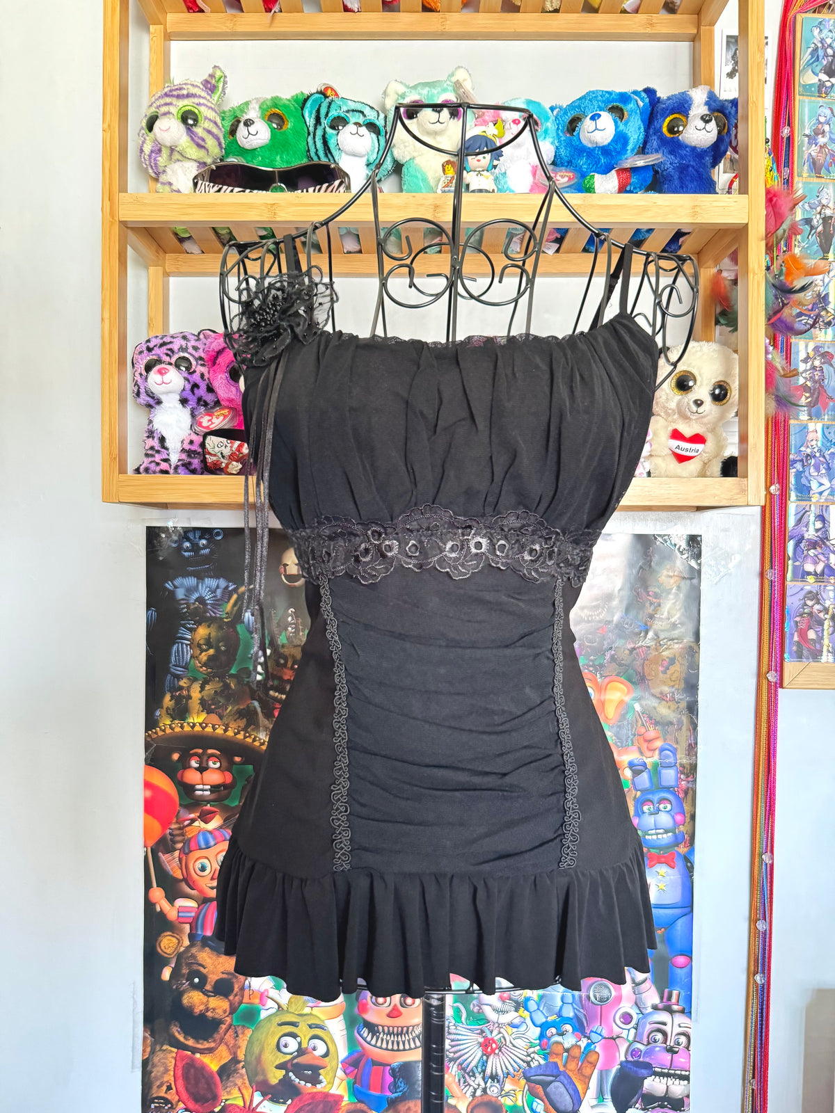 y2k vintage black mesh fitted cami top with ruffle hem and ruched milkmaid bust gothic
