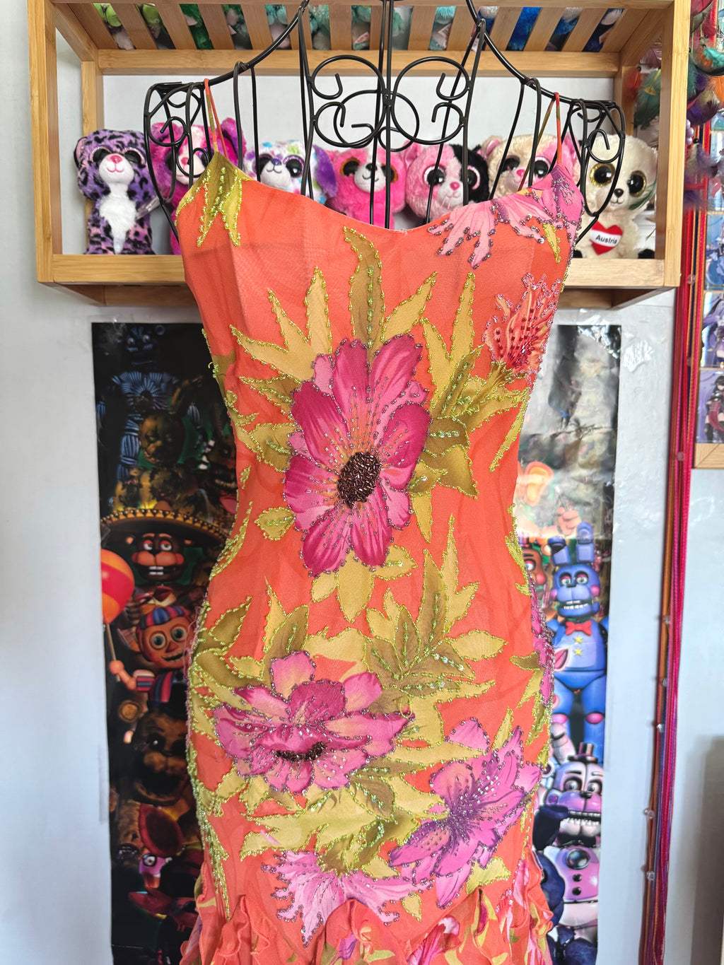 y2k vintage silk orange floral special occasion maxi dress with tassel hem