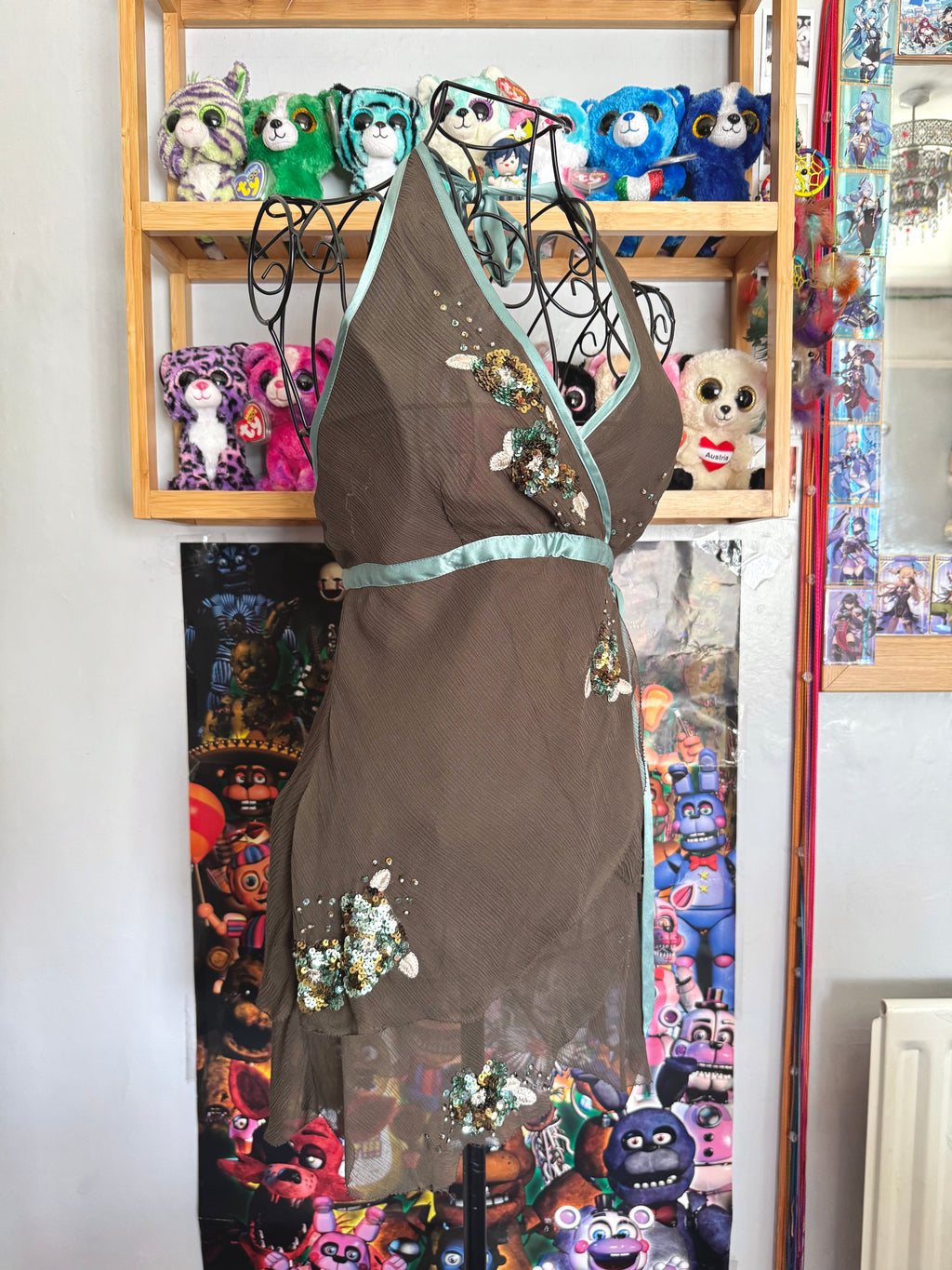 y2k vintage brown, turquoise silk asymmetric layered fairy halter cami top with sequins