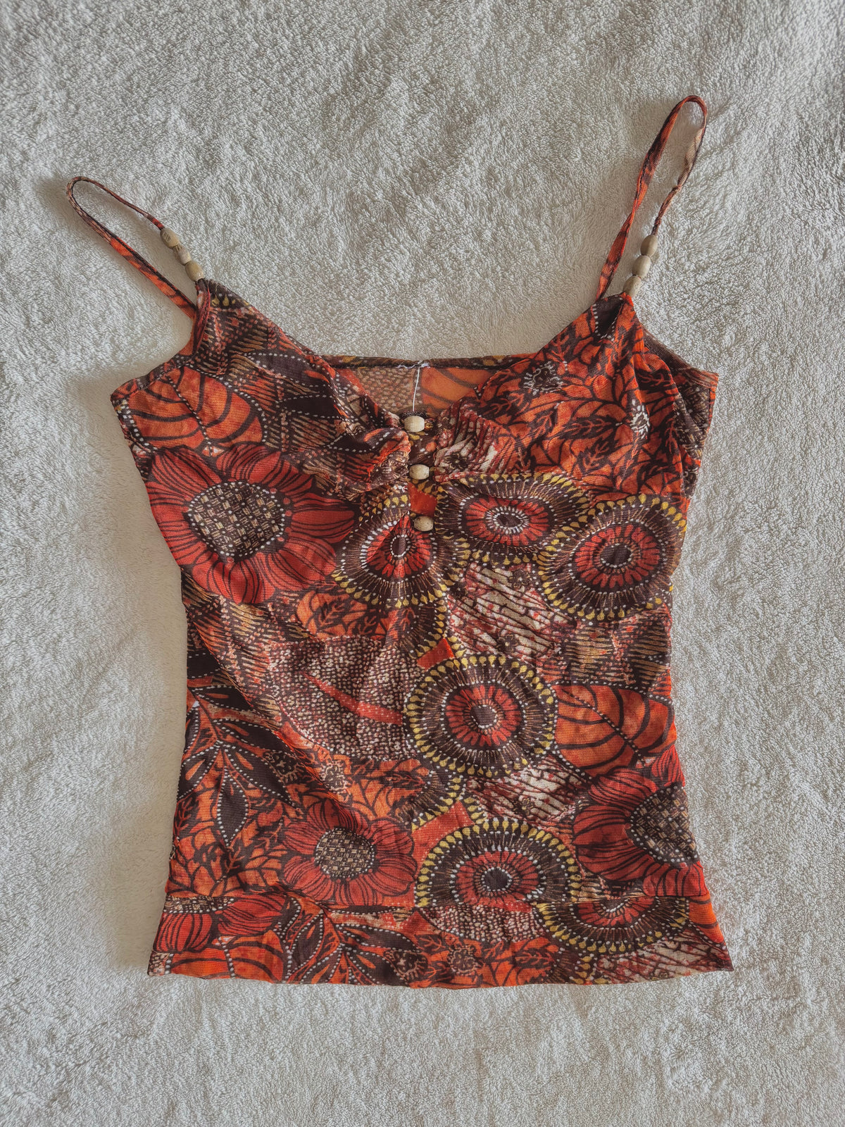 y2k vintage orange floral mesh cami top with wooden beading