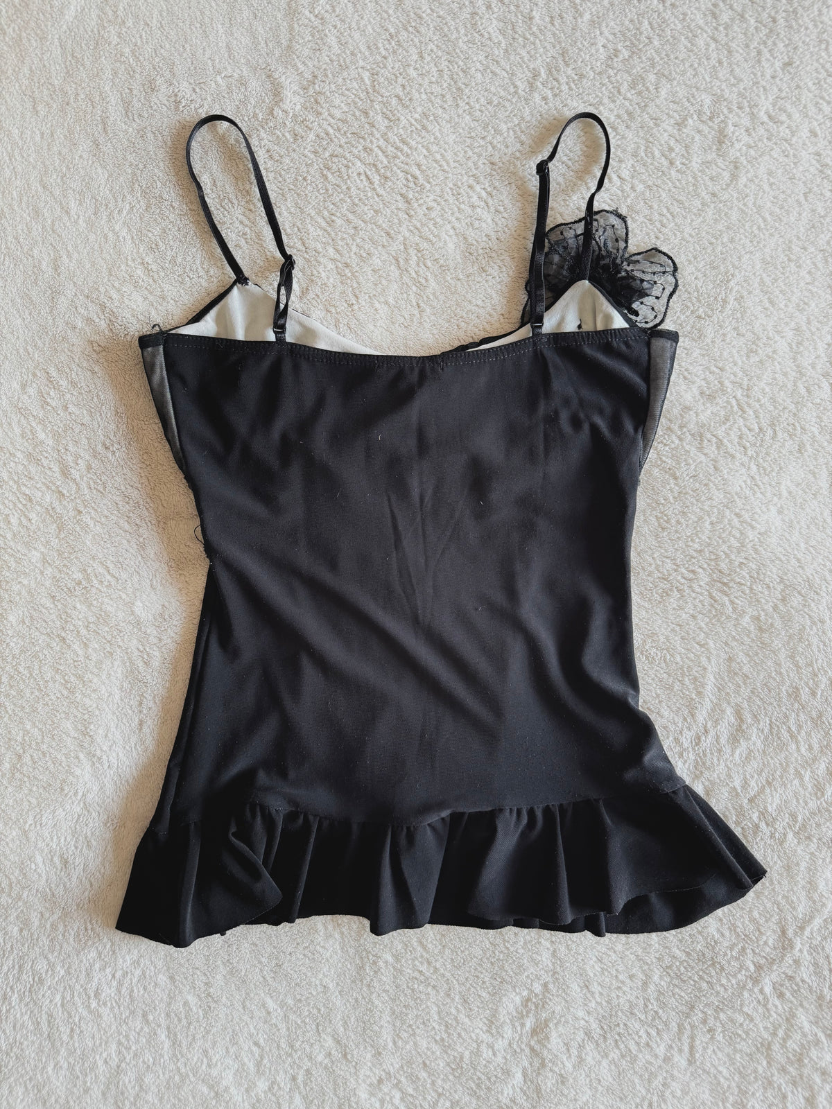 y2k vintage black mesh fitted cami top with ruffle hem and ruched milkmaid bust gothic