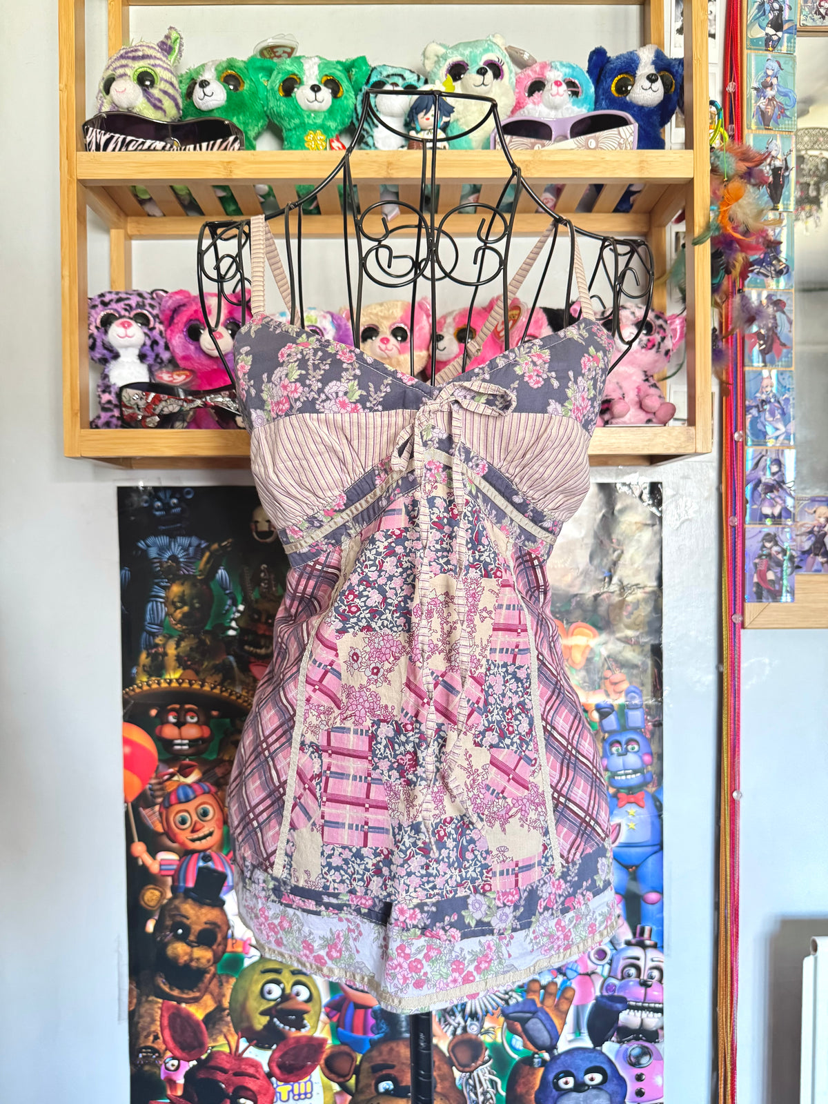 y2k vintage patchwork style criss-cross strap mixed print fitted cami top