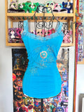 y2k vintage aqua blue seamless cami top with lace trimmings and rhinestones