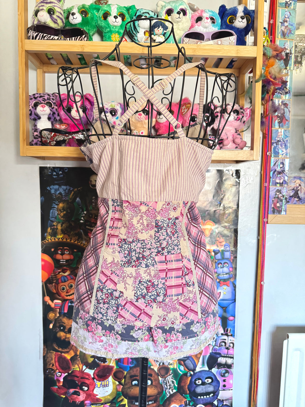 y2k vintage patchwork style criss-cross strap mixed print fitted cami top