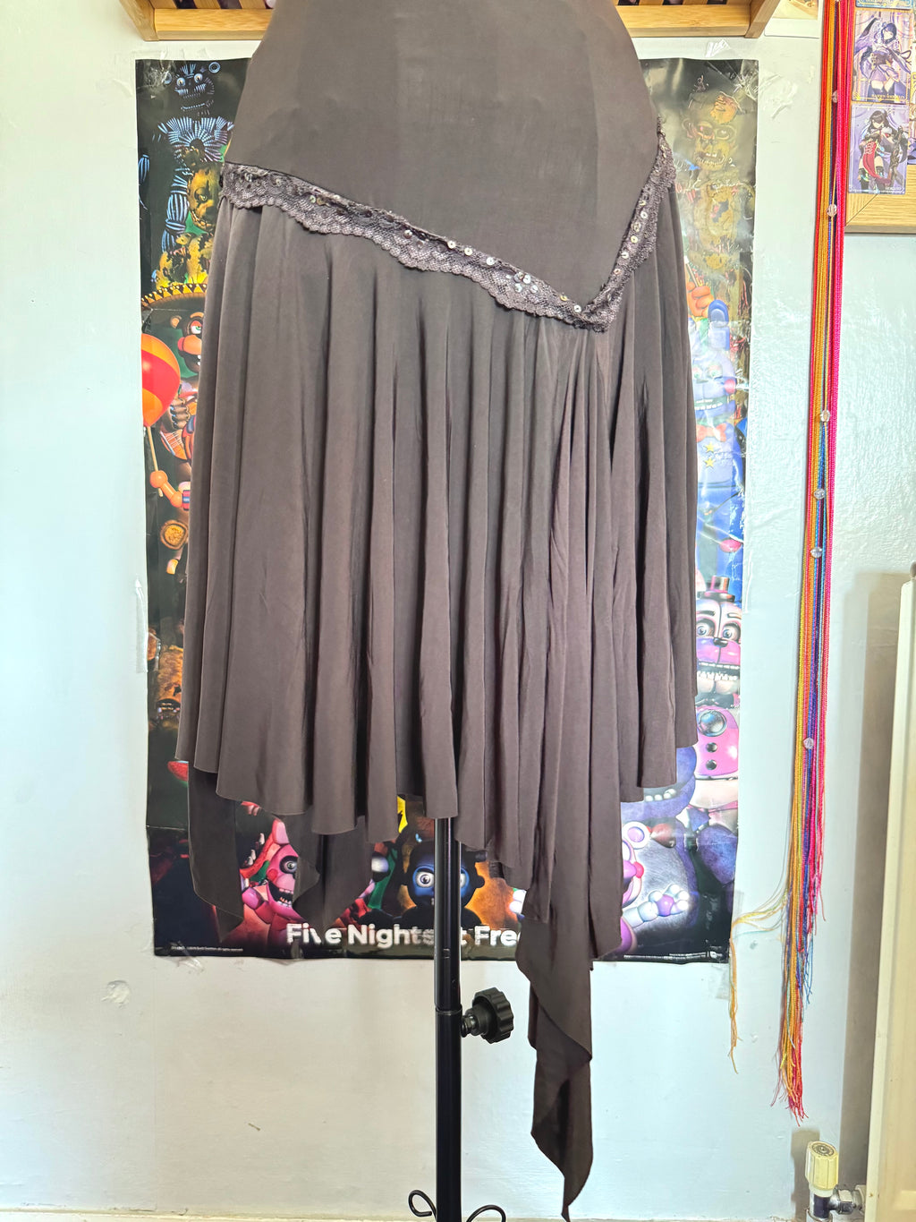 y2k vintage chocolate brown asymmetrical hem lace trim midi dress with crisscross back fairy