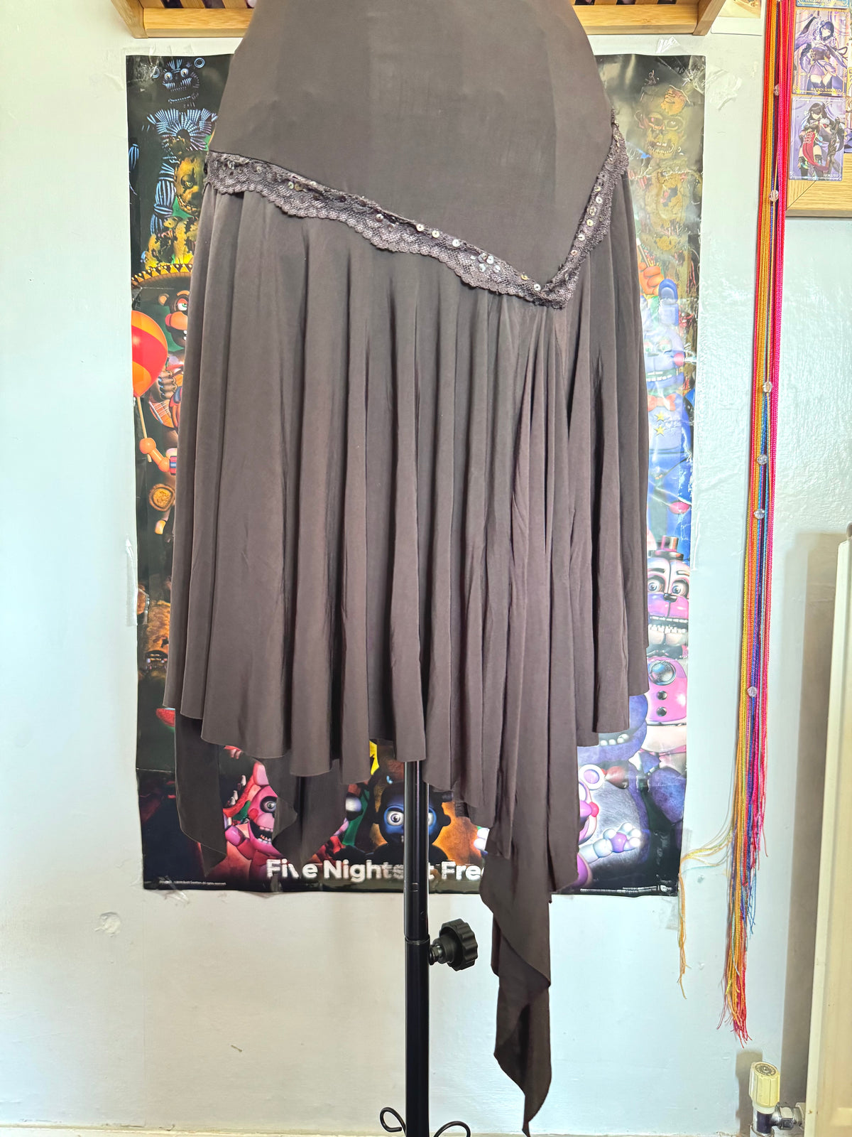 y2k vintage chocolate brown asymmetrical hem lace trim midi dress with crisscross back fairy
