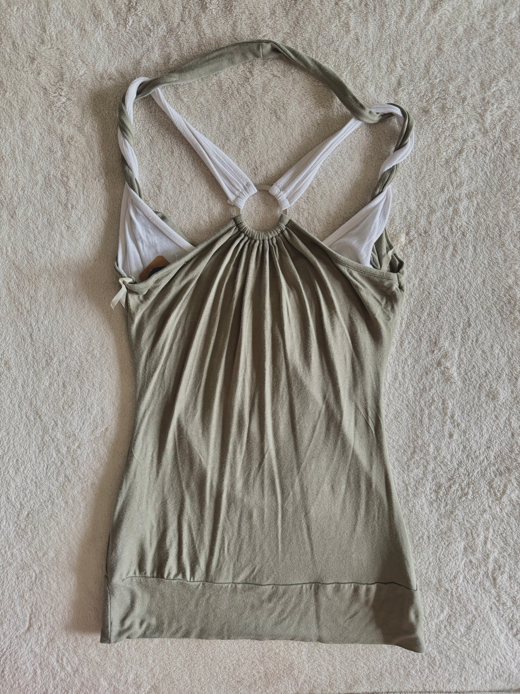 y2k vintage khaki green and white layered cowl neck fitted top with o-ring back