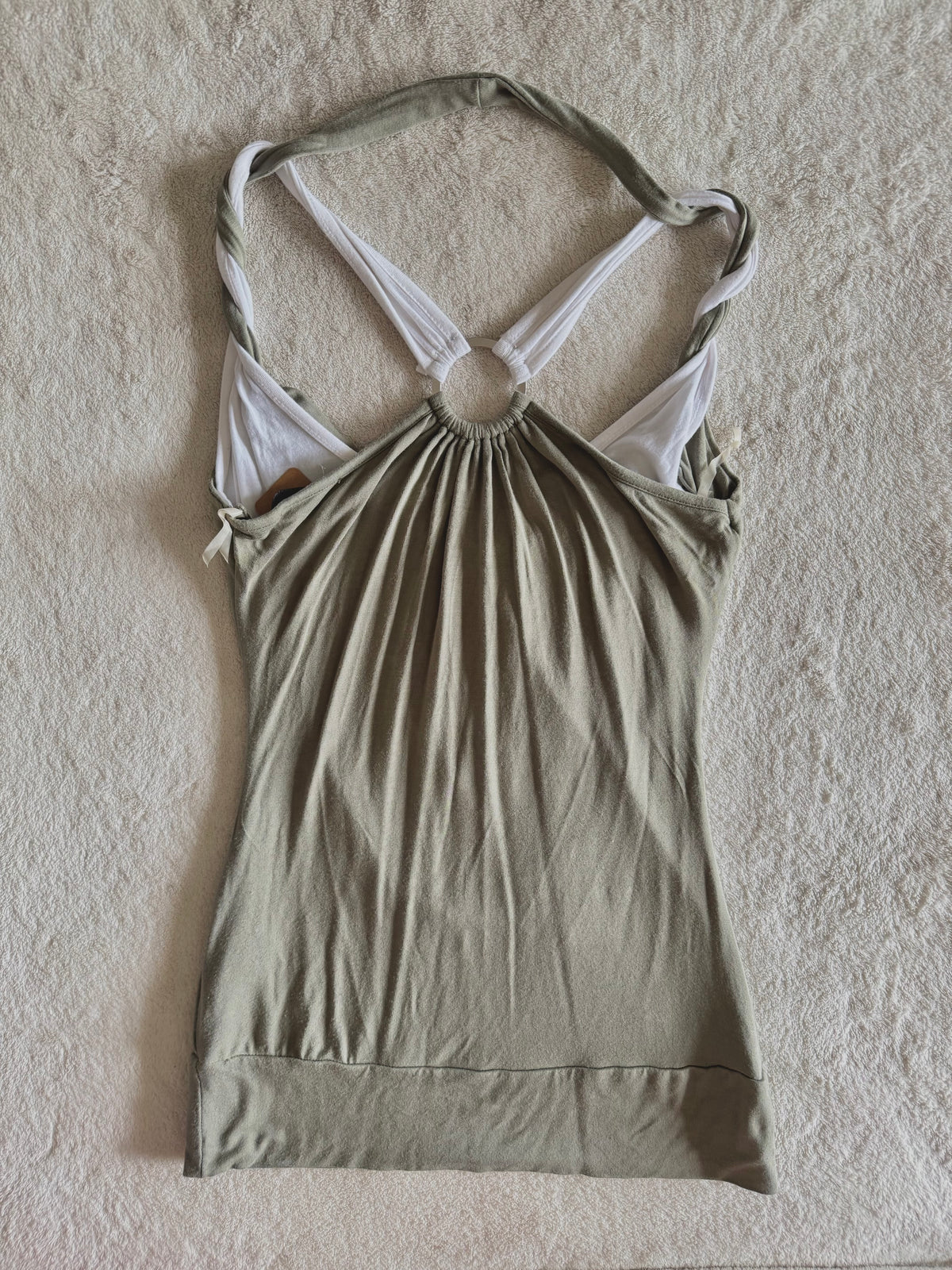 y2k vintage khaki green and white layered cowl neck fitted top with o-ring back