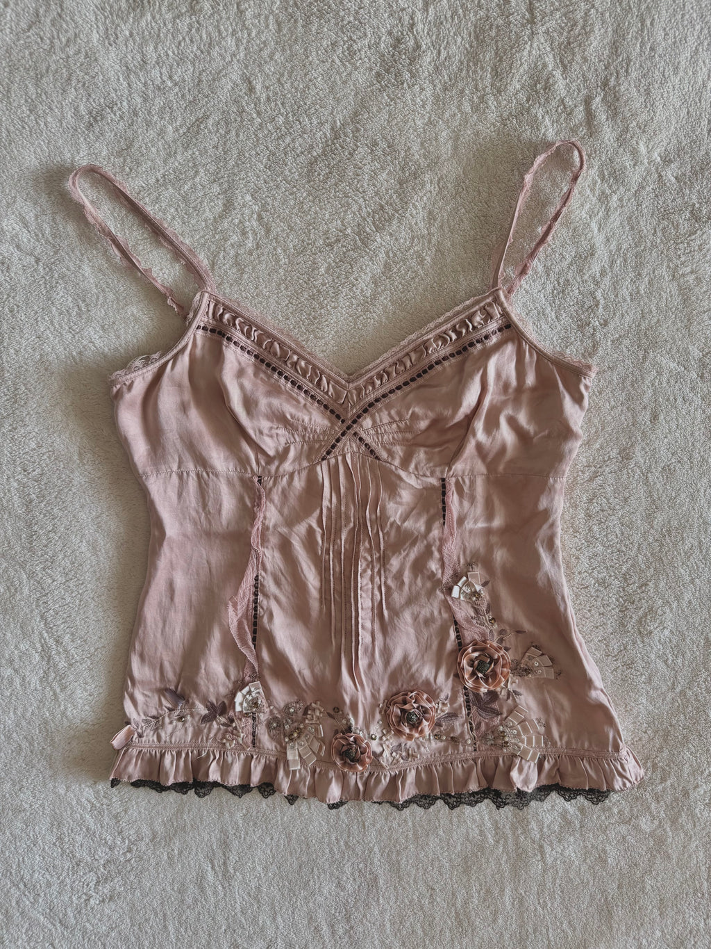 y2k vintage dusky pink silk cami top with 3D flowers embellished