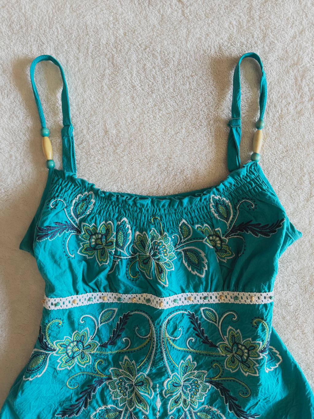 y2k vintage teal blue tie back fitted cami top with expansive floral embroidery