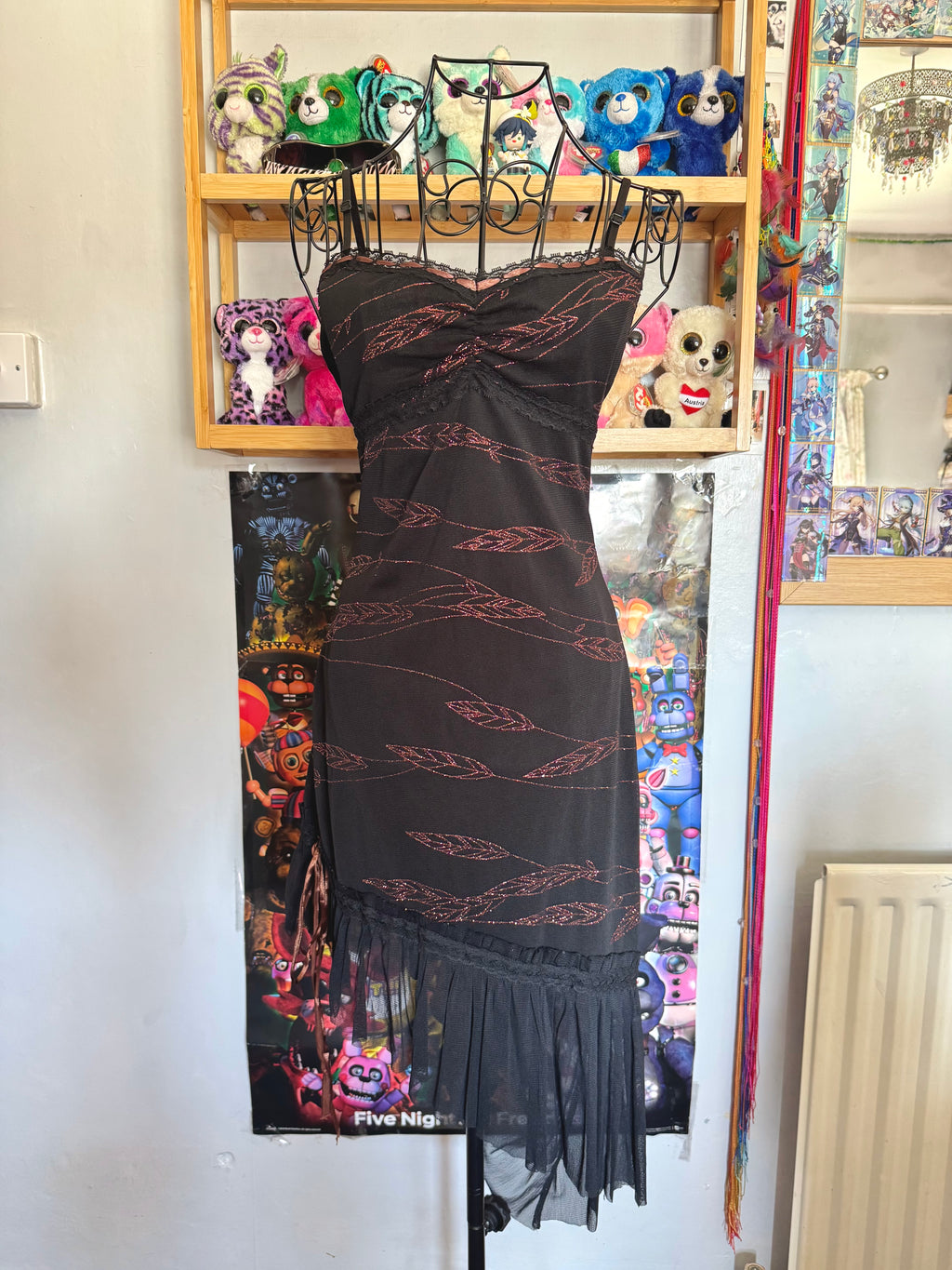 y2k vintage black asymmetrical hem mesh midi dress with bronze shimmer