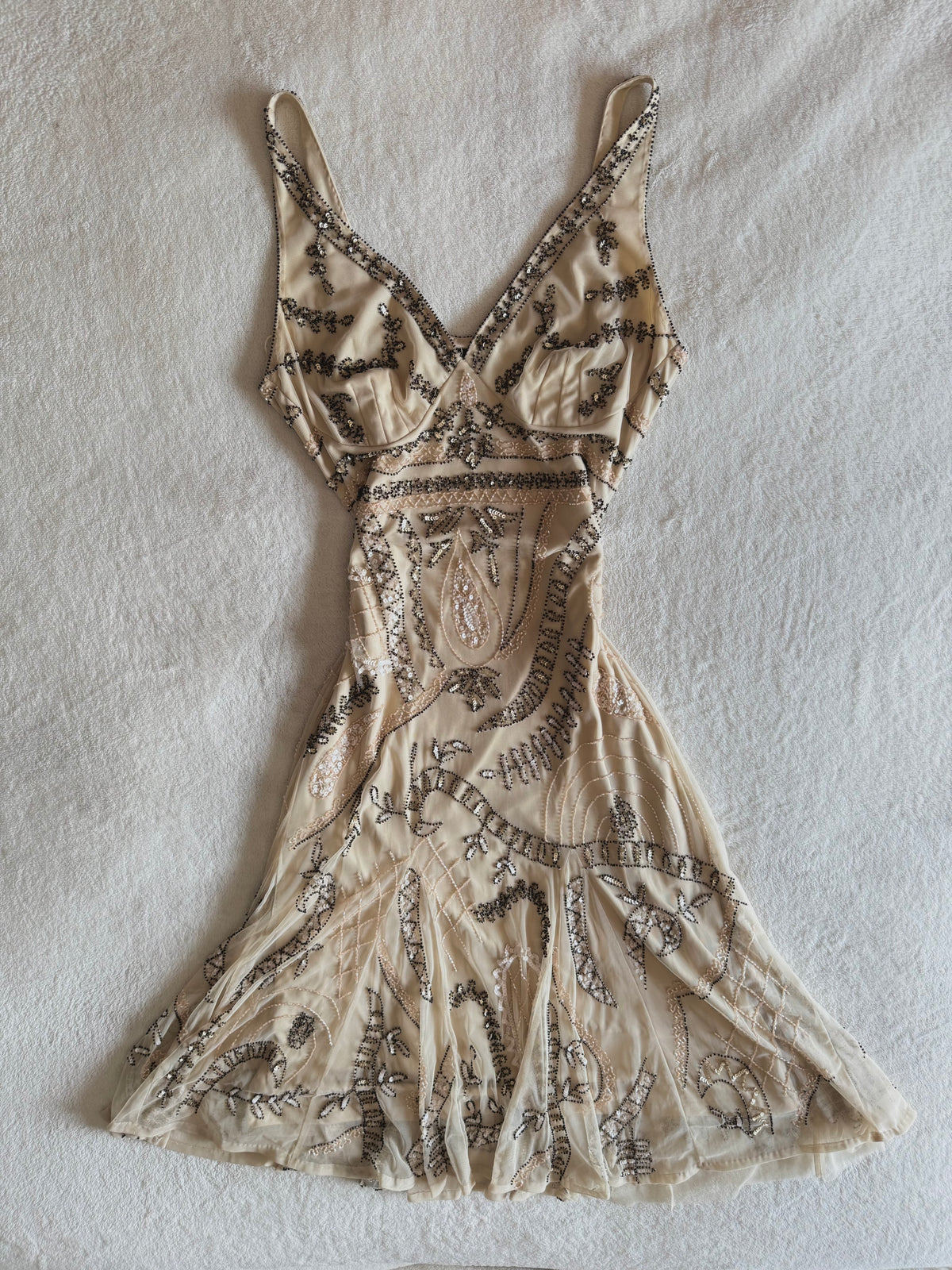 y2k vintage incredible heavily beaded beige midaxi dress 20’s gatsby style
