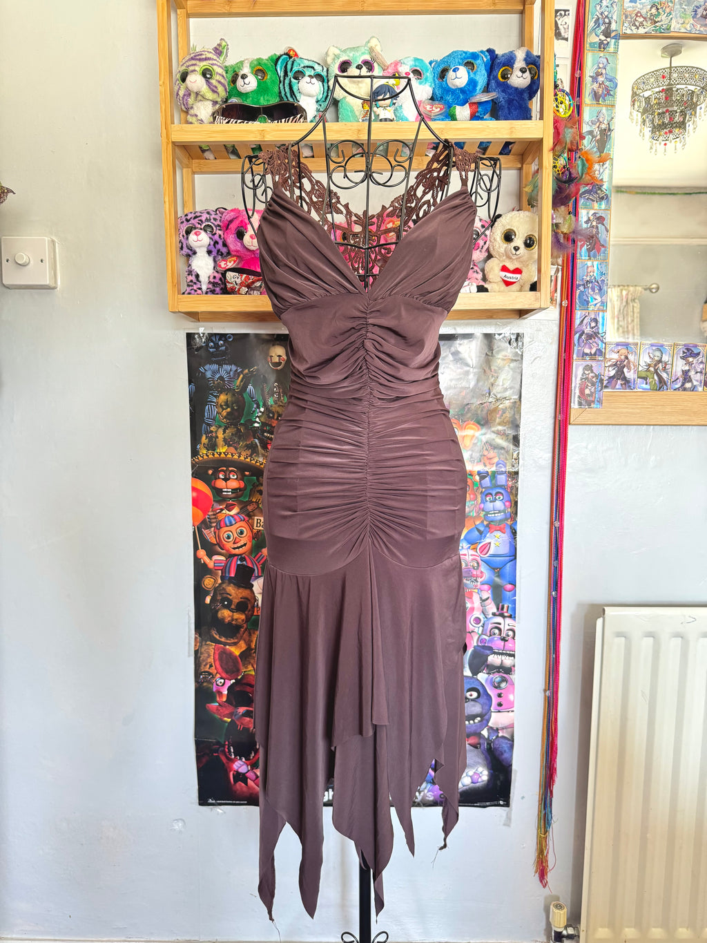 y2k vintage chocolate brown ruched fitted floral lace back fairycore mini dress