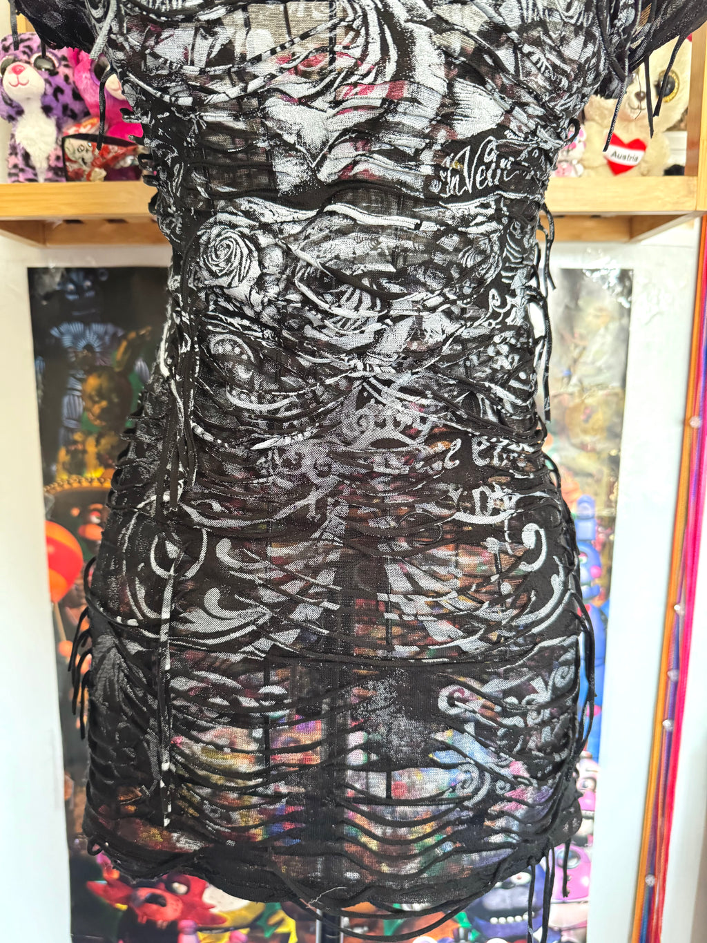 y2k vintage insane slashed graphic rose print sheer fitted tee grunge