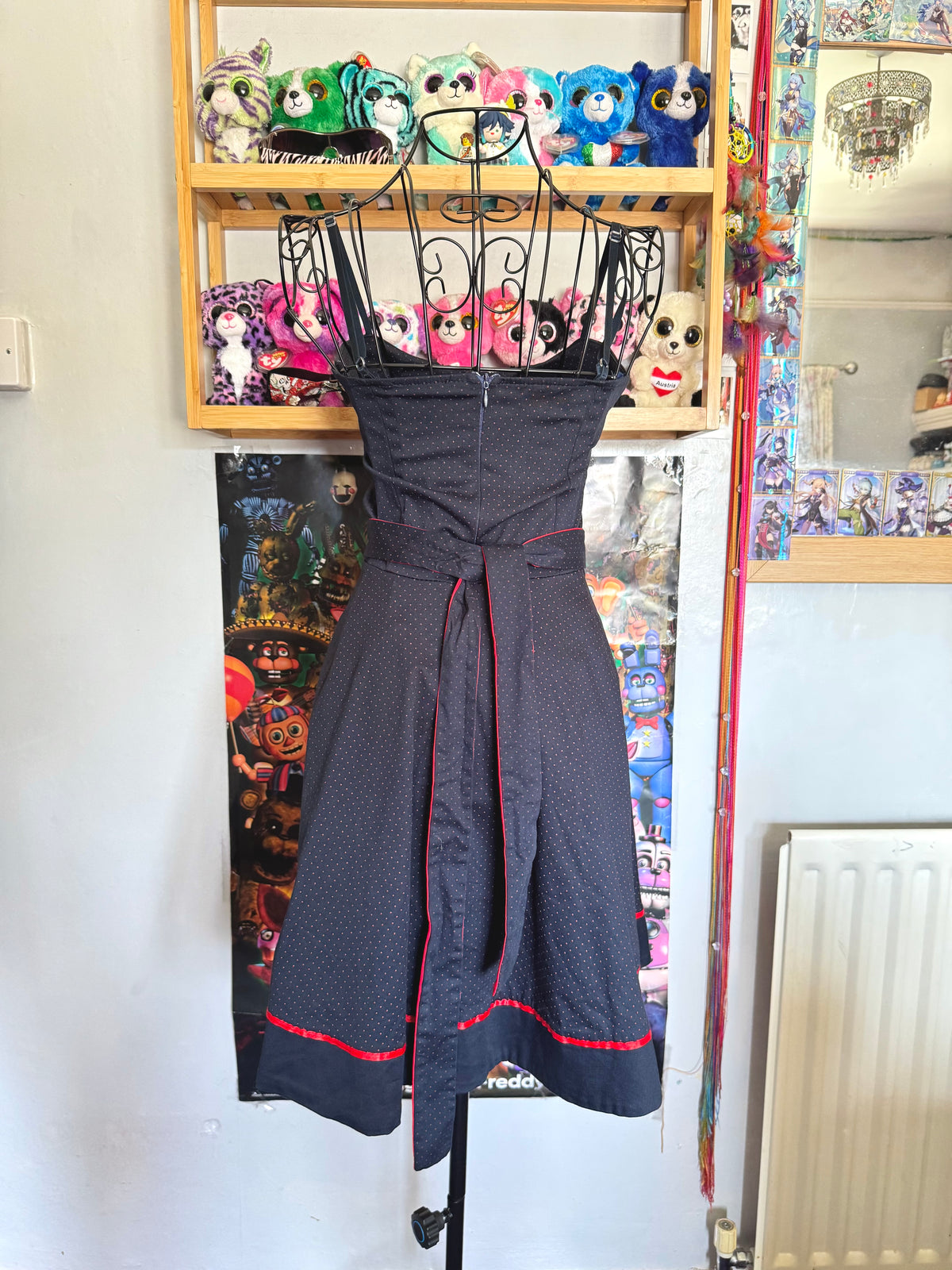 y2k vintage 50’s inspired navy blue and red polkadot tie back mini dress