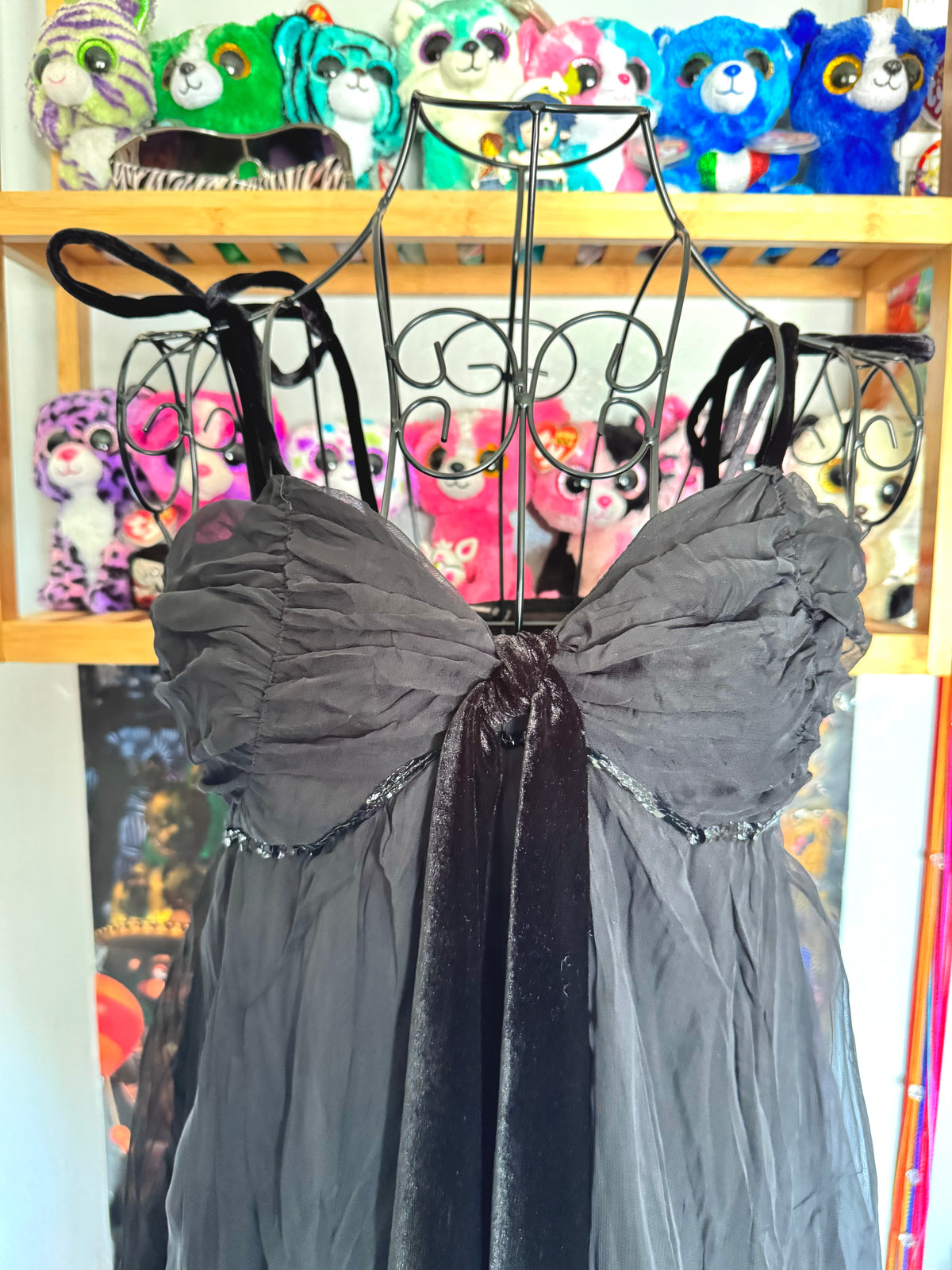 y2k vintage black and grey layered floaty babydoll cami top with velvet accents
