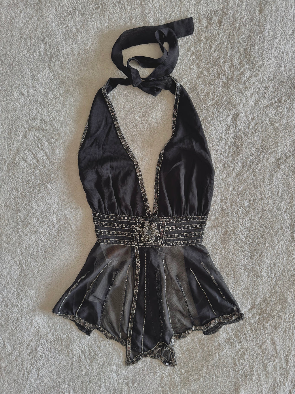 y2k vintage bnwt deadstock backless tie back sequin floral fairy top