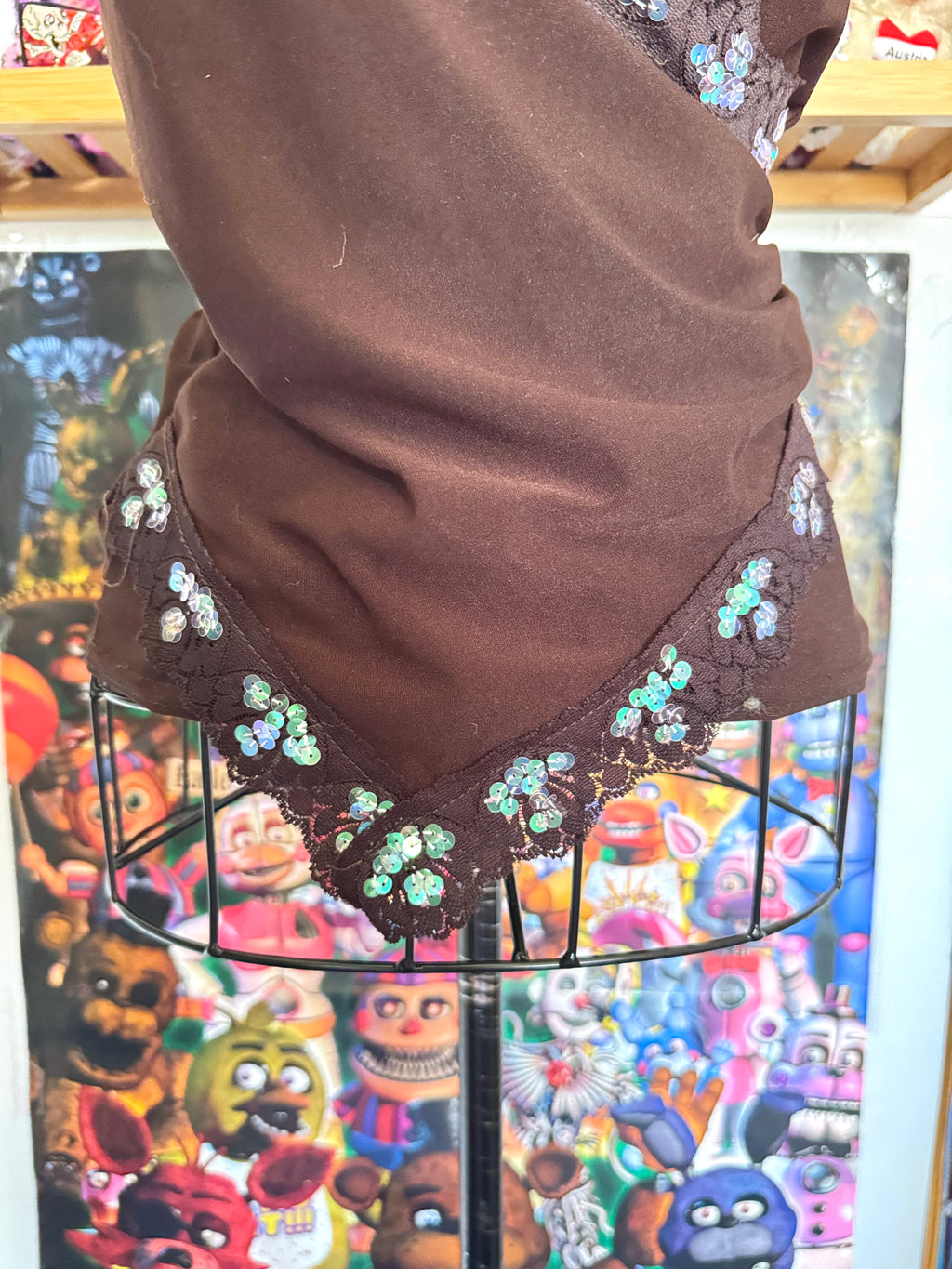 y2k vintage chocolate brown wrap style low cut sequin embellishment asymmetrical hem cami top