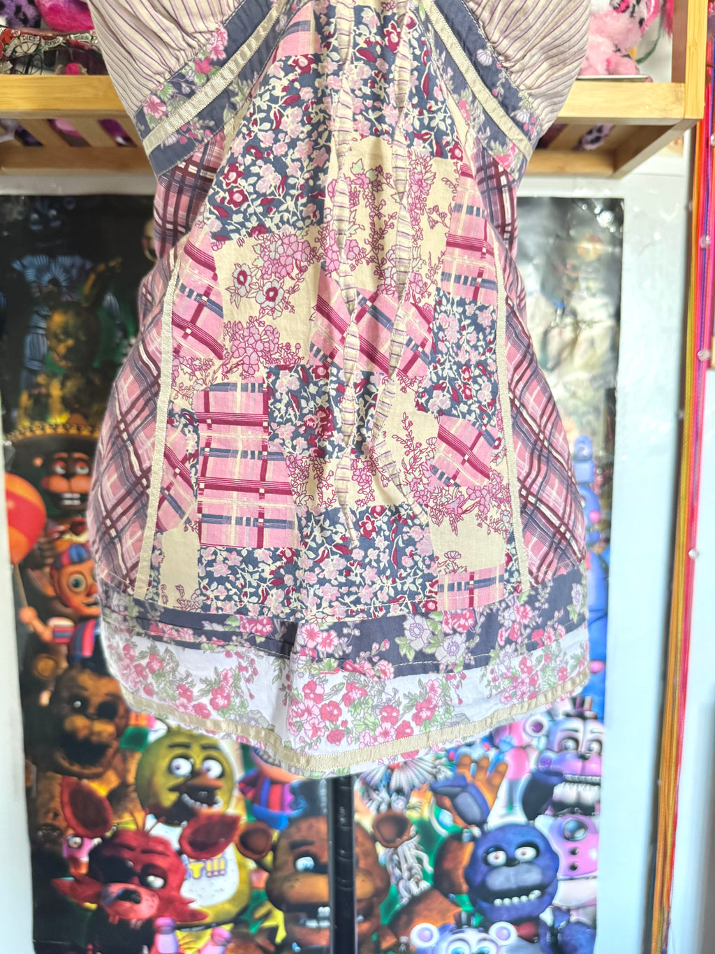 y2k vintage patchwork style criss-cross strap mixed print fitted cami top