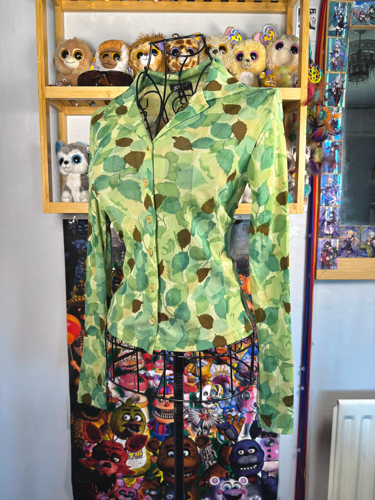 y2k vintage sheer mesh button up top with leaf print
