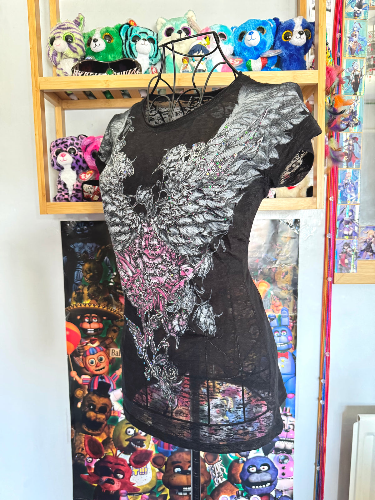 y2k vintage insane graphic angel wings print fitted sheer tee