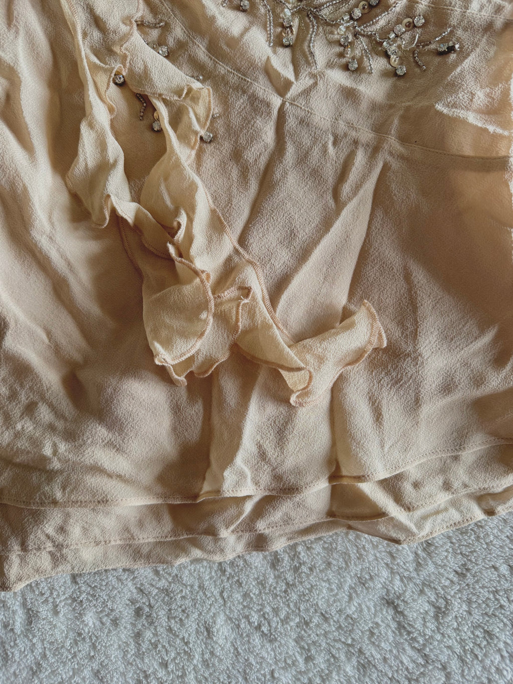 y2k vintage bnwt deadstock beige fitted layered silk cami top with feathering and sequins