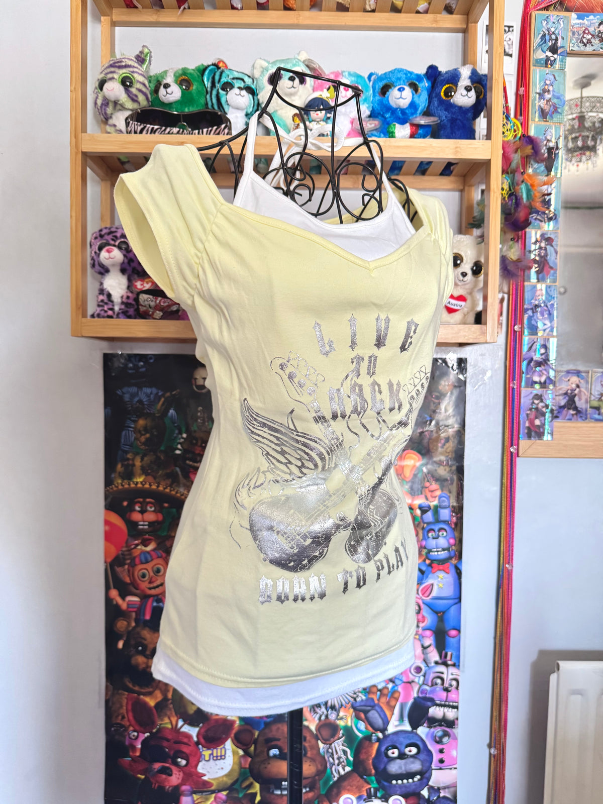 y2k vintage deadstock BNWT butter yellow graphic fitted halterneck layered top