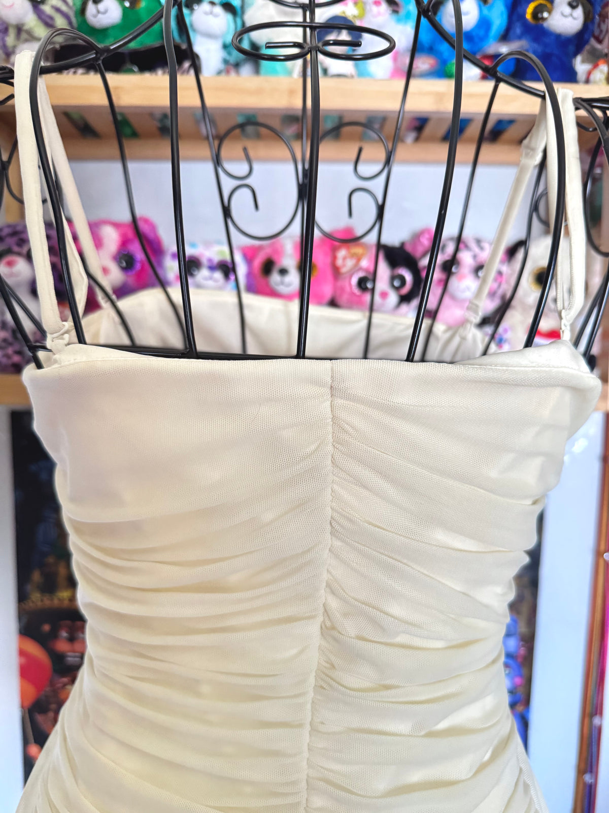y2k vintage cream ruched boned and fitted corset top with sequins embellished