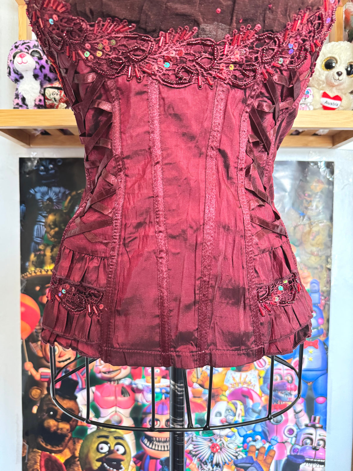 y2k vintage crimson red lace up look sequin embellished boned and fitted corset top