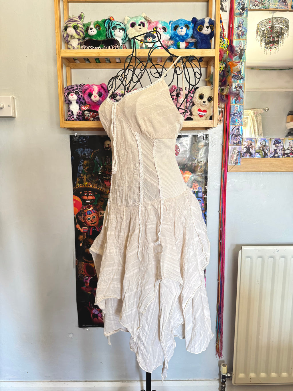 y2k vintage cream cotton fairy midi dress with ruffle layered hem