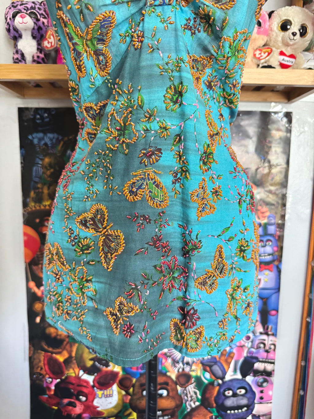 y2k vintage aqua and teal blue fitted beaded butterfly halterneck cami top