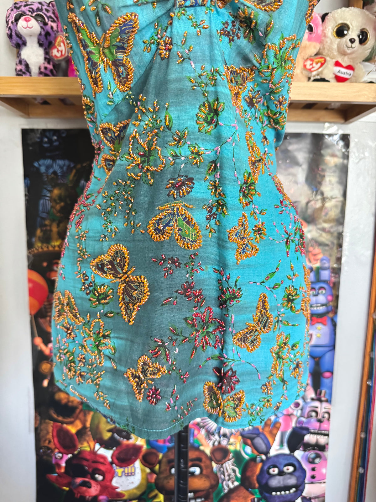 y2k vintage aqua and teal blue fitted beaded butterfly halterneck cami top