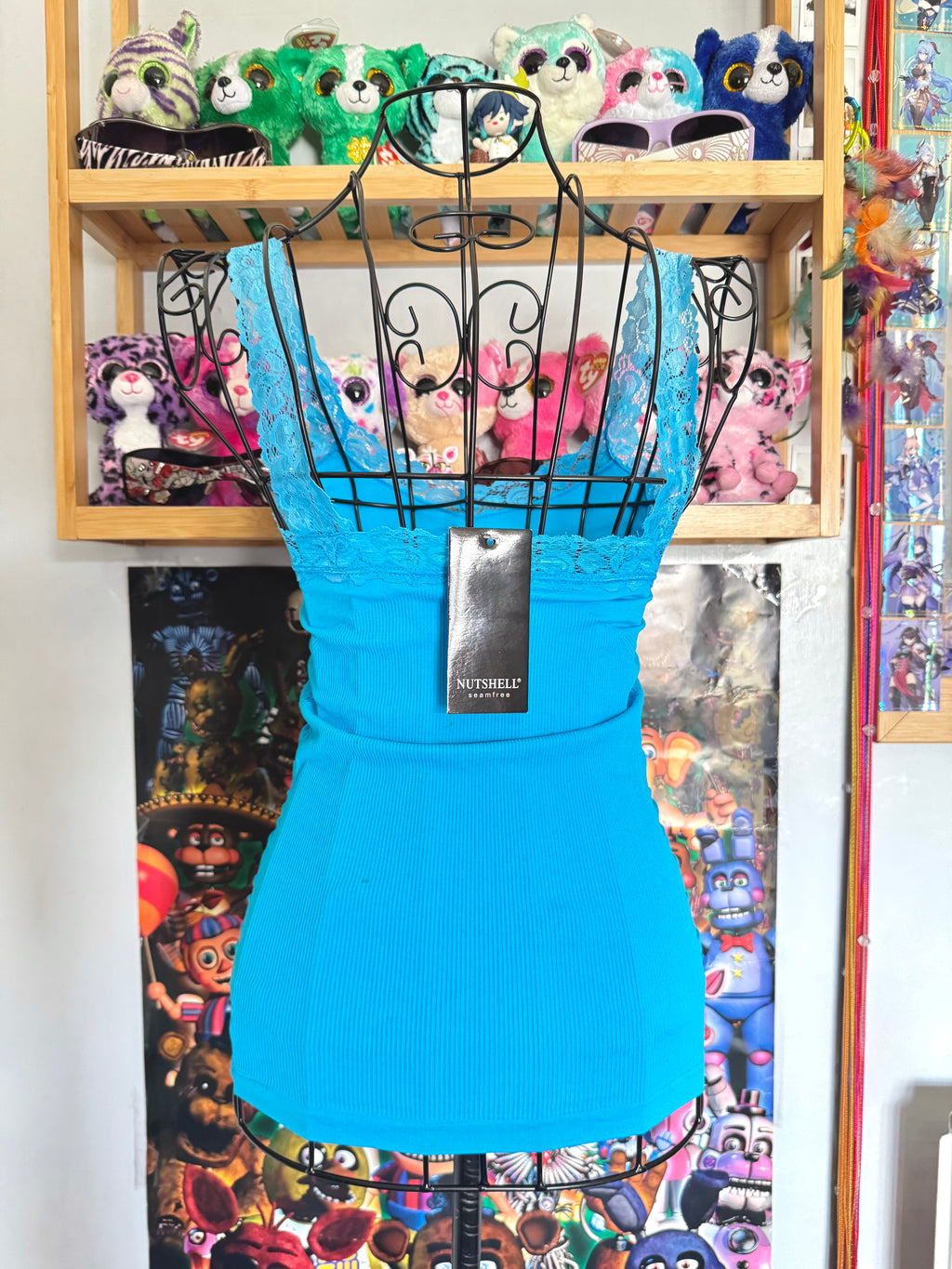 y2k vintage aqua blue seamless cami top with lace trimmings and rhinestones