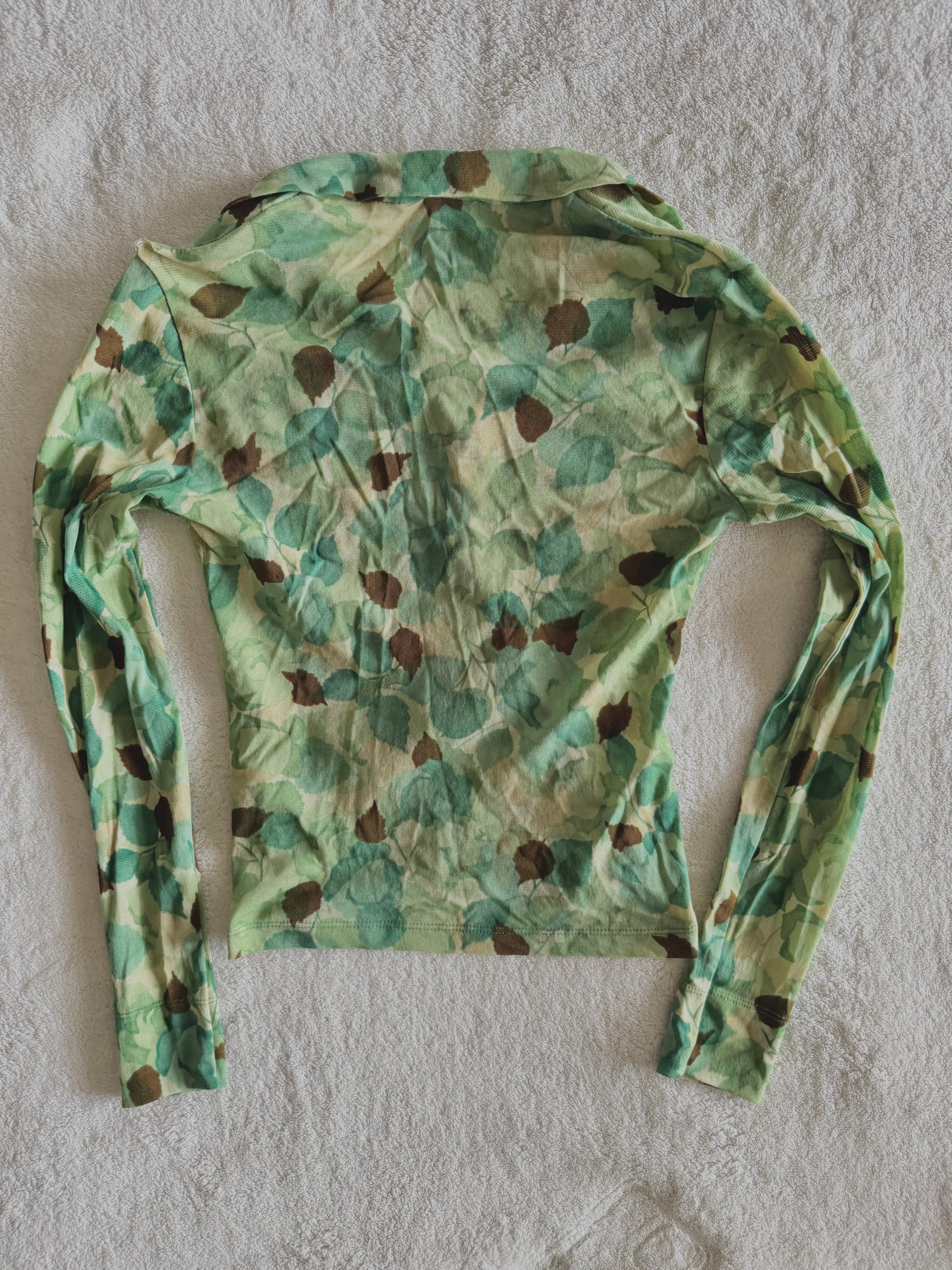 y2k vintage sheer mesh button up top with leaf print