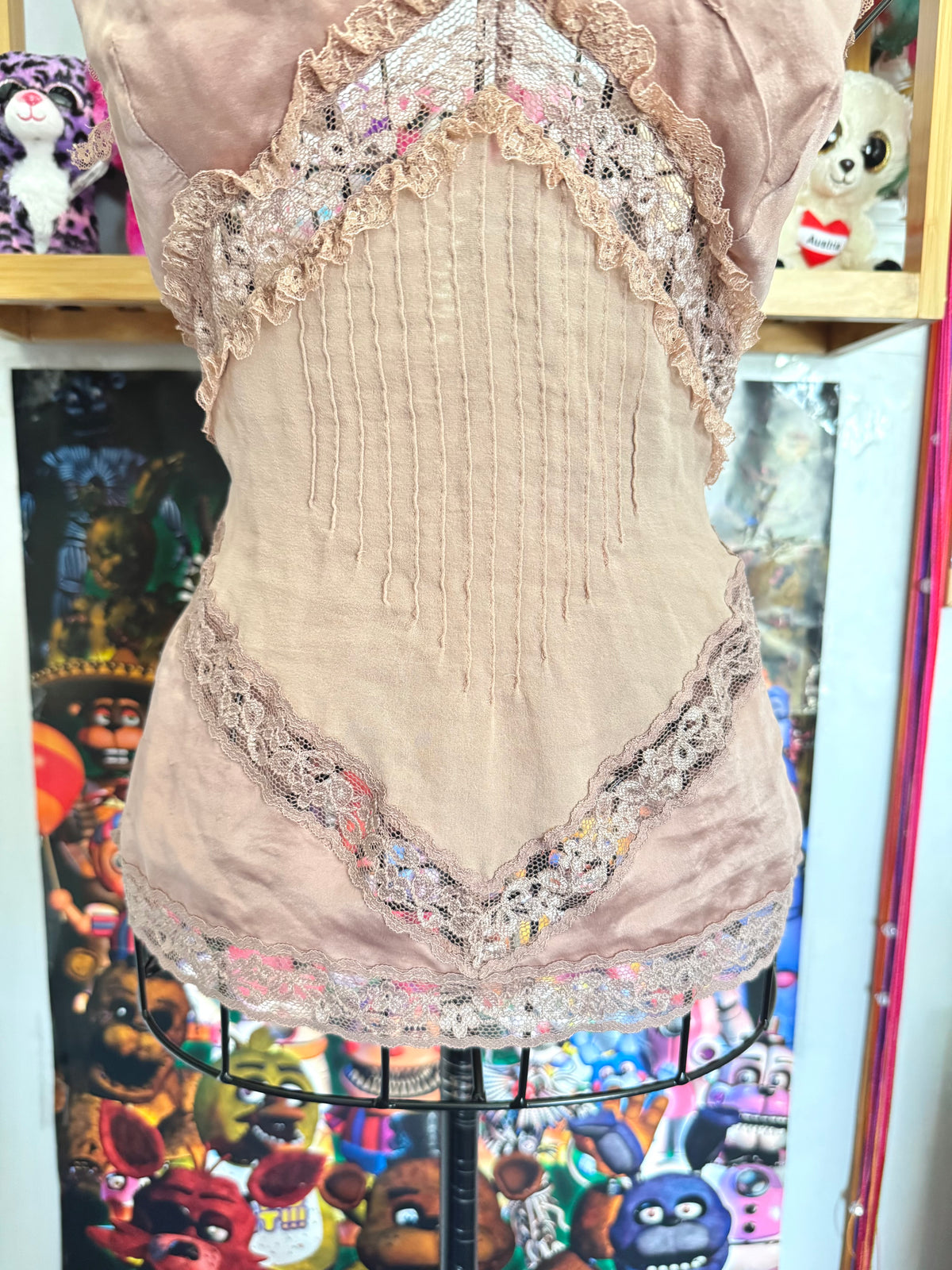y2k vintage silk dusky pink fitted floral lace trim cami top