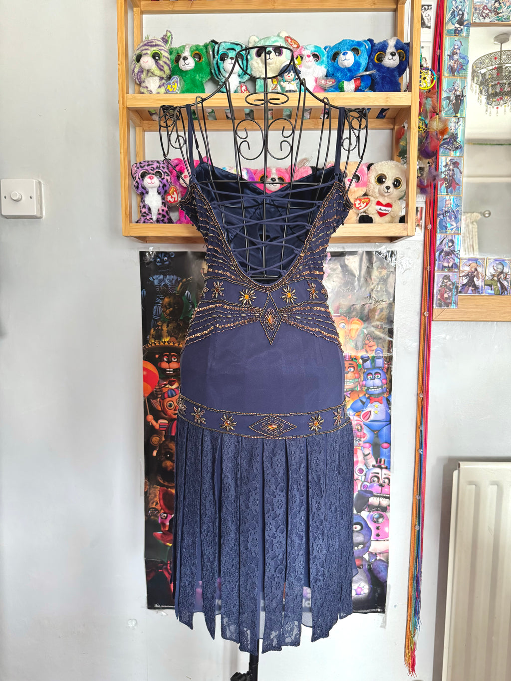vintage 90’s royal navy blue silk dress gold and bronze beading embellishments astrology astronomy