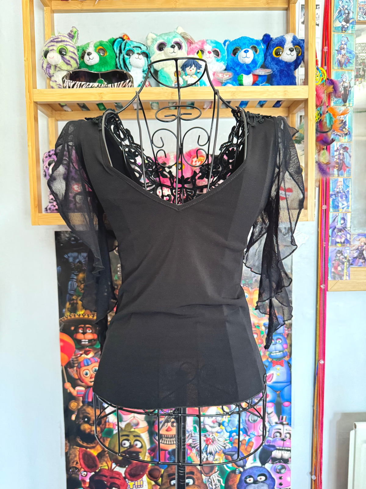 y2k vintage black mesh fitted top with lace front and tassel sleeves