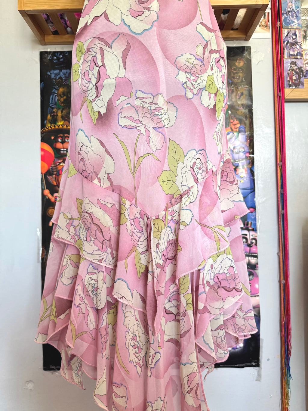 y2k vintage pink floral ruffled asymmetrical hem midi dress