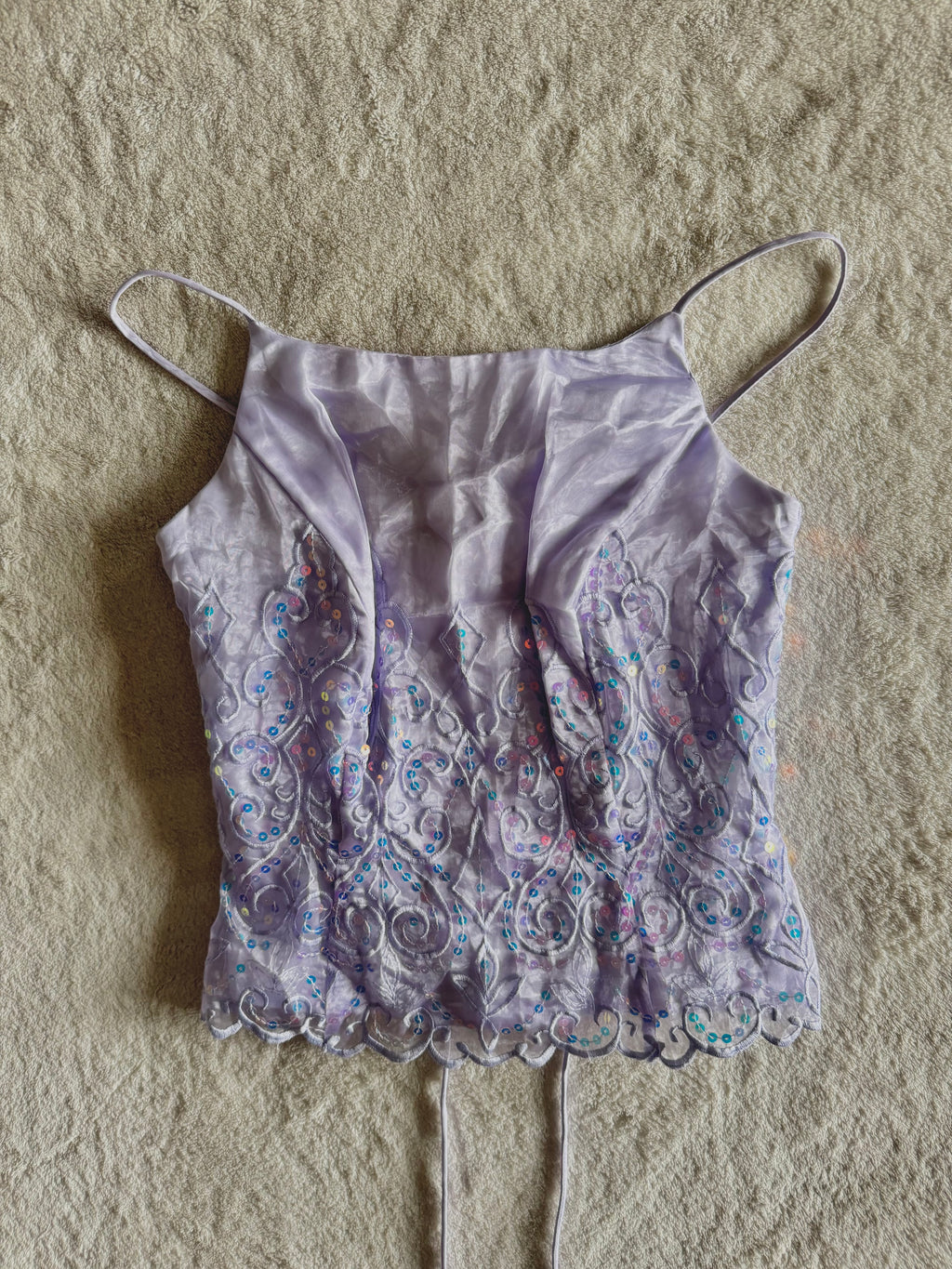 y2k vintage lilac purple lace back cropped and fitted corset top with sequins embellished
