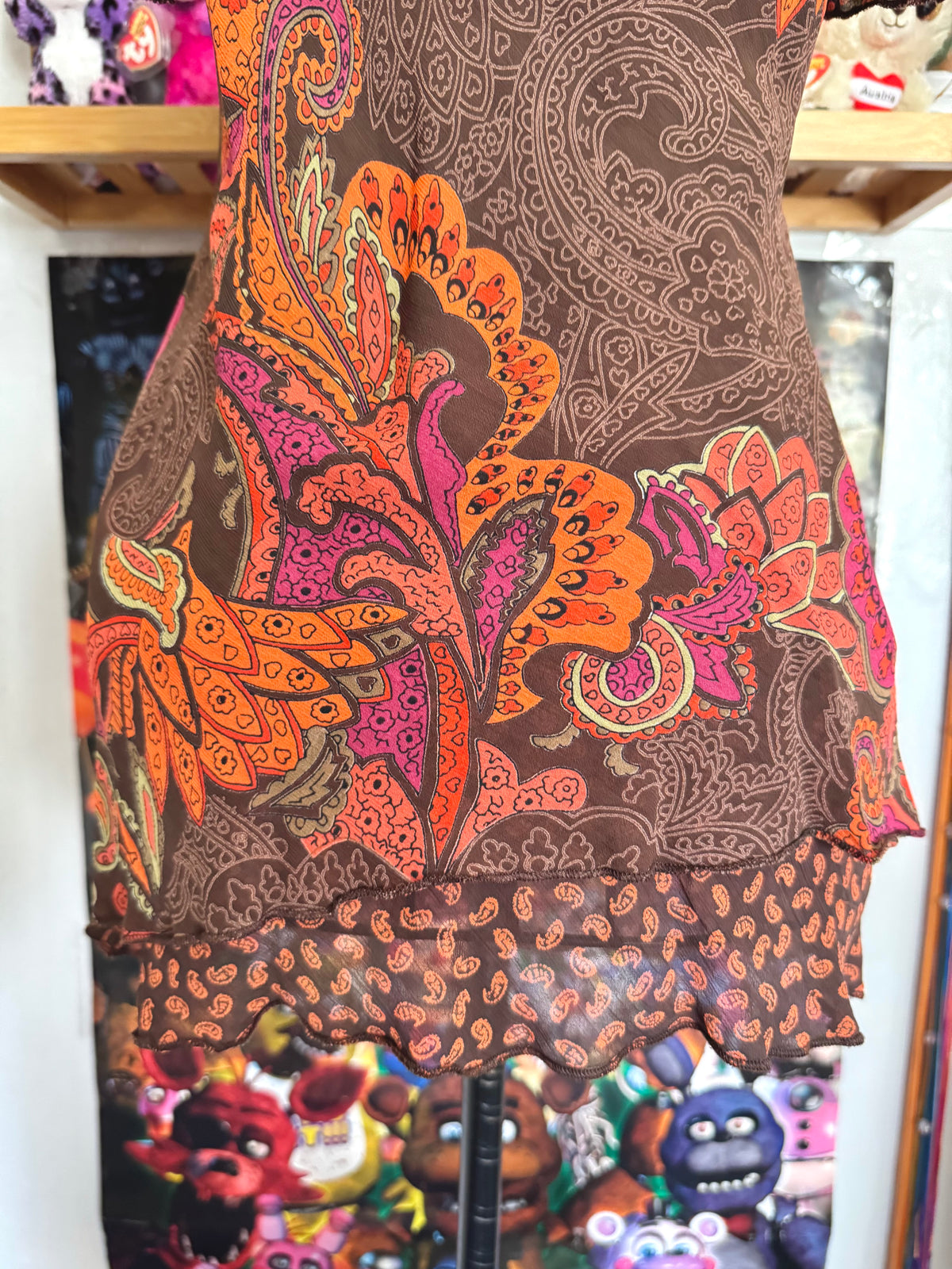 y2k vintage fitted brown and orange paisley print cami top