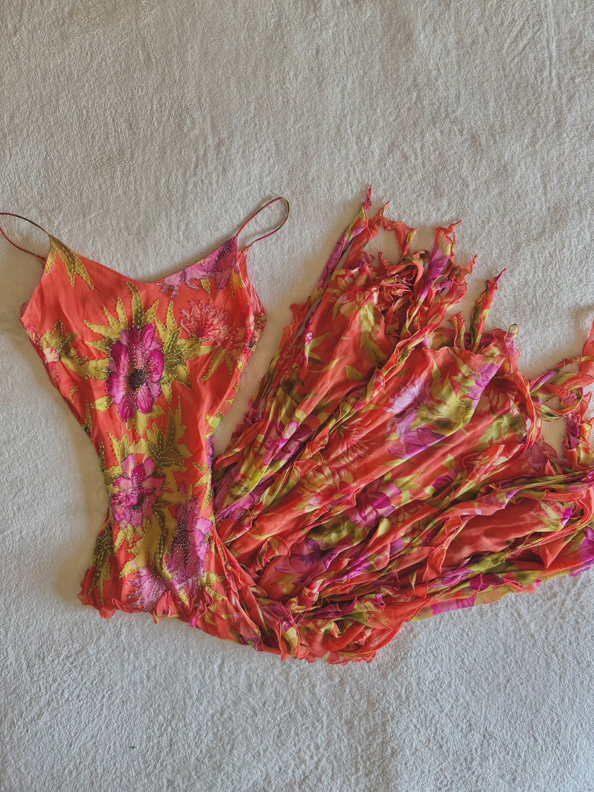 y2k vintage silk orange floral special occasion maxi dress with tassel hem