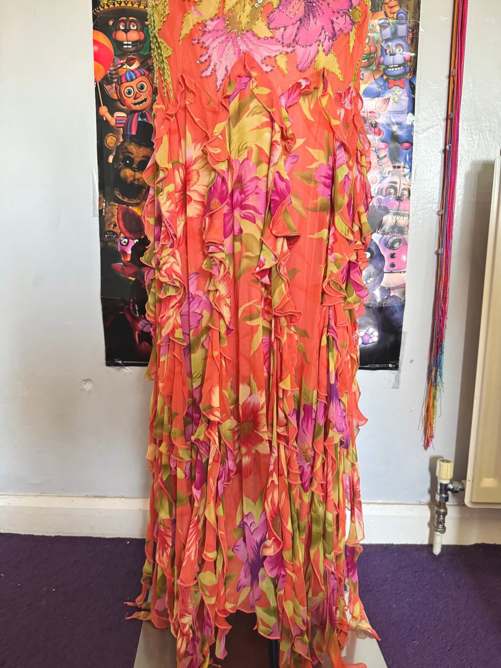 y2k vintage silk orange floral special occasion maxi dress with tassel hem