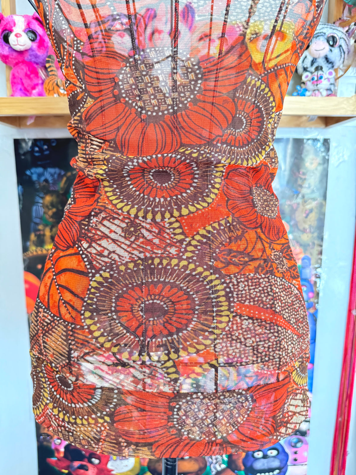 y2k vintage orange floral mesh cami top with wooden beading