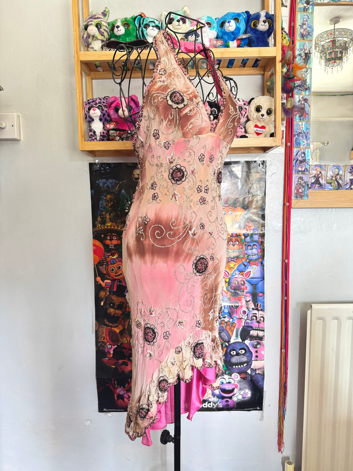 90’s vintage silk pink and brown beaded floral pattern halterneck mini dress fairycore